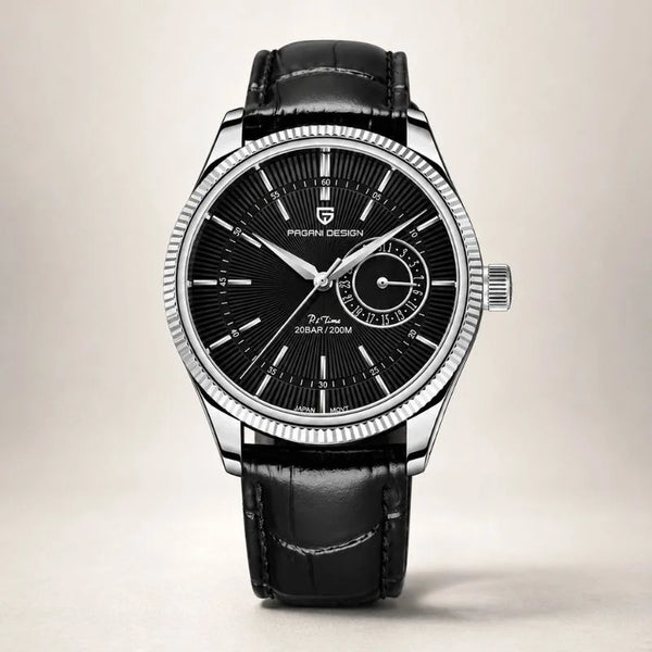 Vanguard Classic dress watch by Pagani Design, steel case with black dial, front view on cream