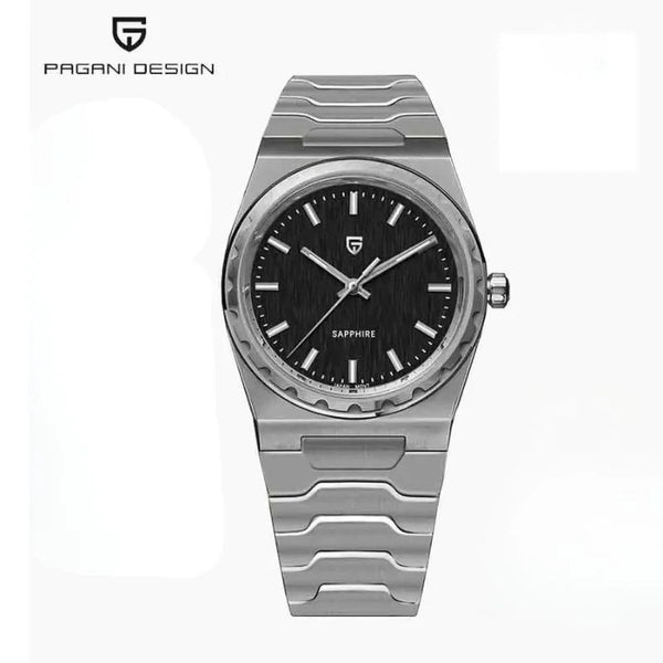 Steel Royal Slim Sapphire with black dial by Pagani Design on a white background with the brand logo