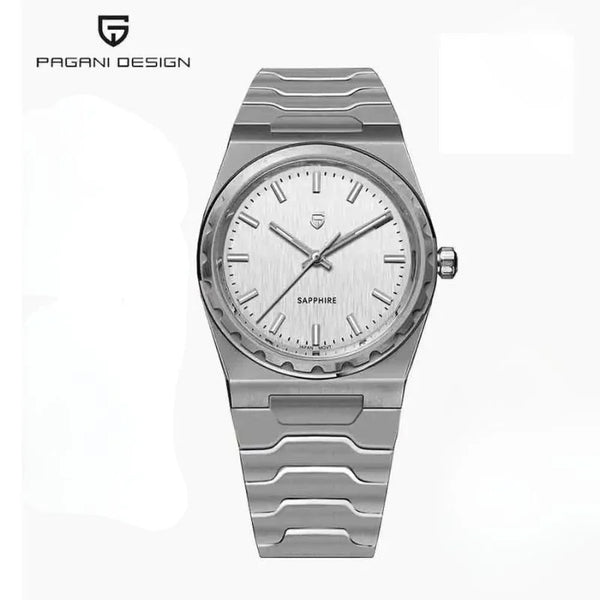 Steel Royal Slim Sapphire with white dial by Pagani Design on a white background with the brand logo