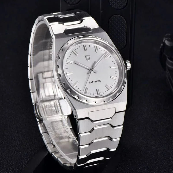 Steel Royal Slim Sapphire with white dial by Pagani Design, bracelet curved behind the case