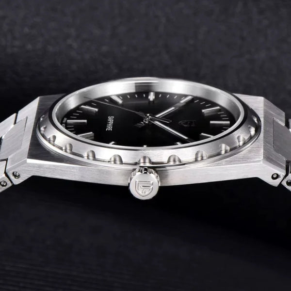 Side view of the steel Royal Slim Sapphire case and crown by Pagani Design