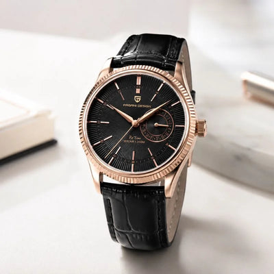 Vanguard rose gold dress watch on a black leather strap